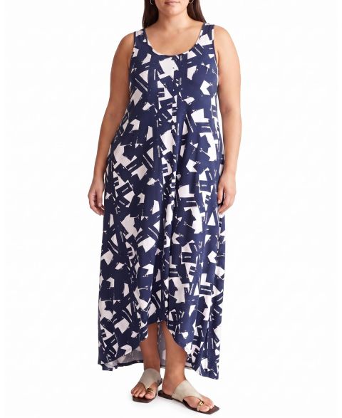 Женское платье Universal Standard Plus Size Athena Divine Sleeveless A-Line Hi-Low Hemline, цвет: Тёмно-синий с принтом