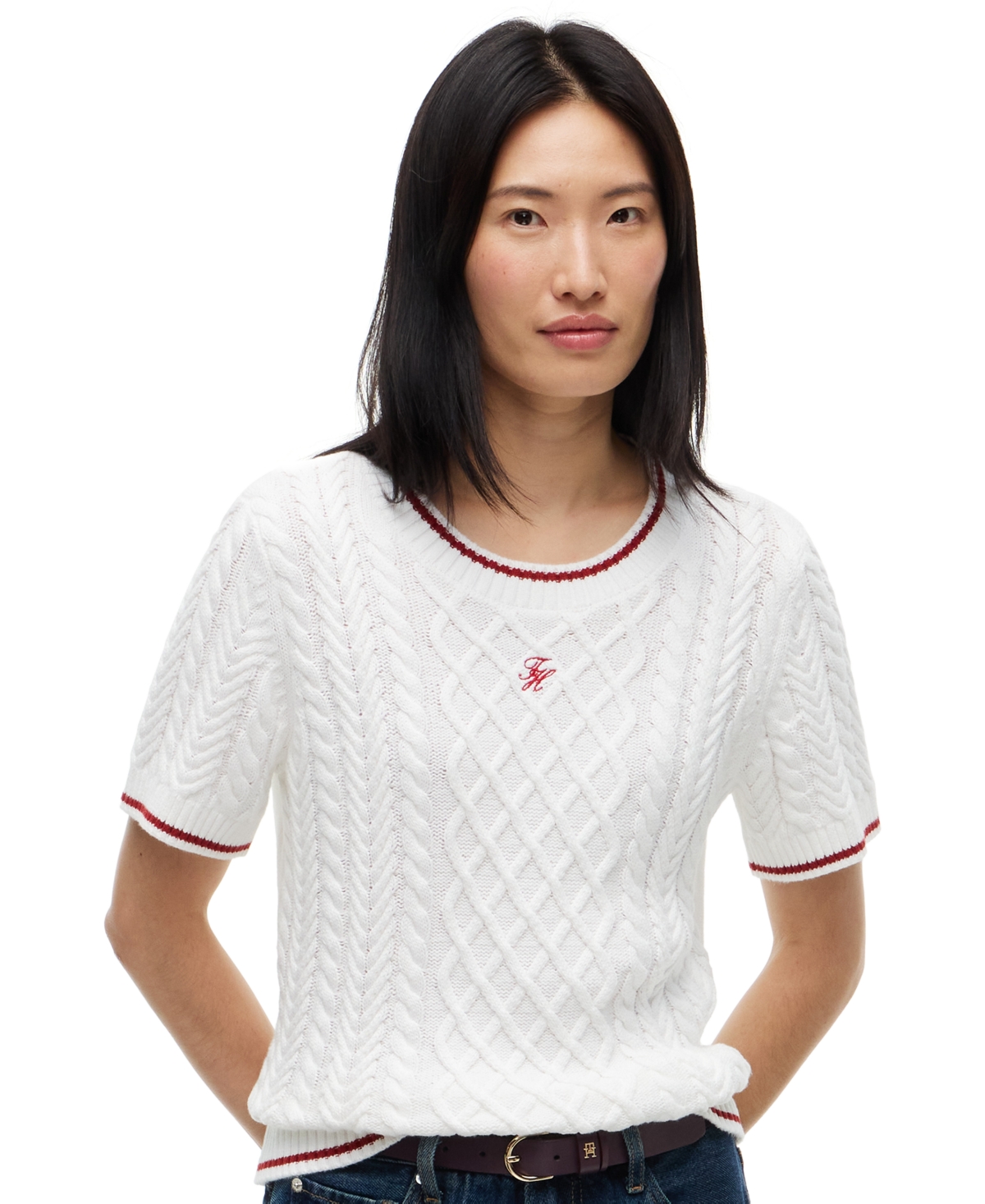 Tommy Hilfiger Women's Heritage Cable-knit Short-sleeve Sweater In Animal Print