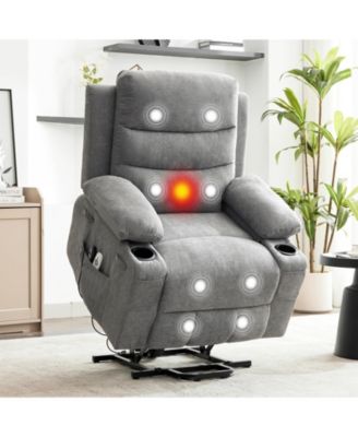 Upholstered Power Lift Chair, Electric Standing Assist Recliner with Back Massage and Waist Heating, Smile-Pattern Linen Sofa Chair