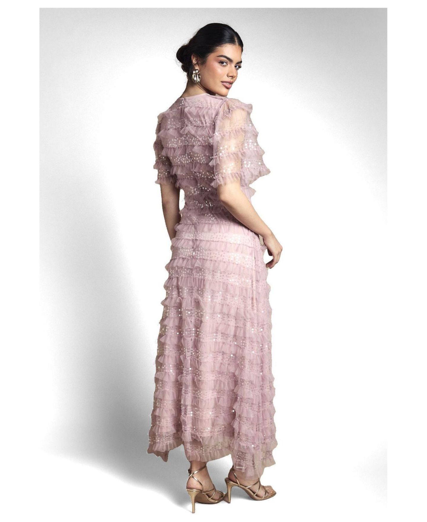 Женское платье Oasis Sequin Ruffle-Detail Short-Sleeve Maxi, цвет: Розовый — фото 3