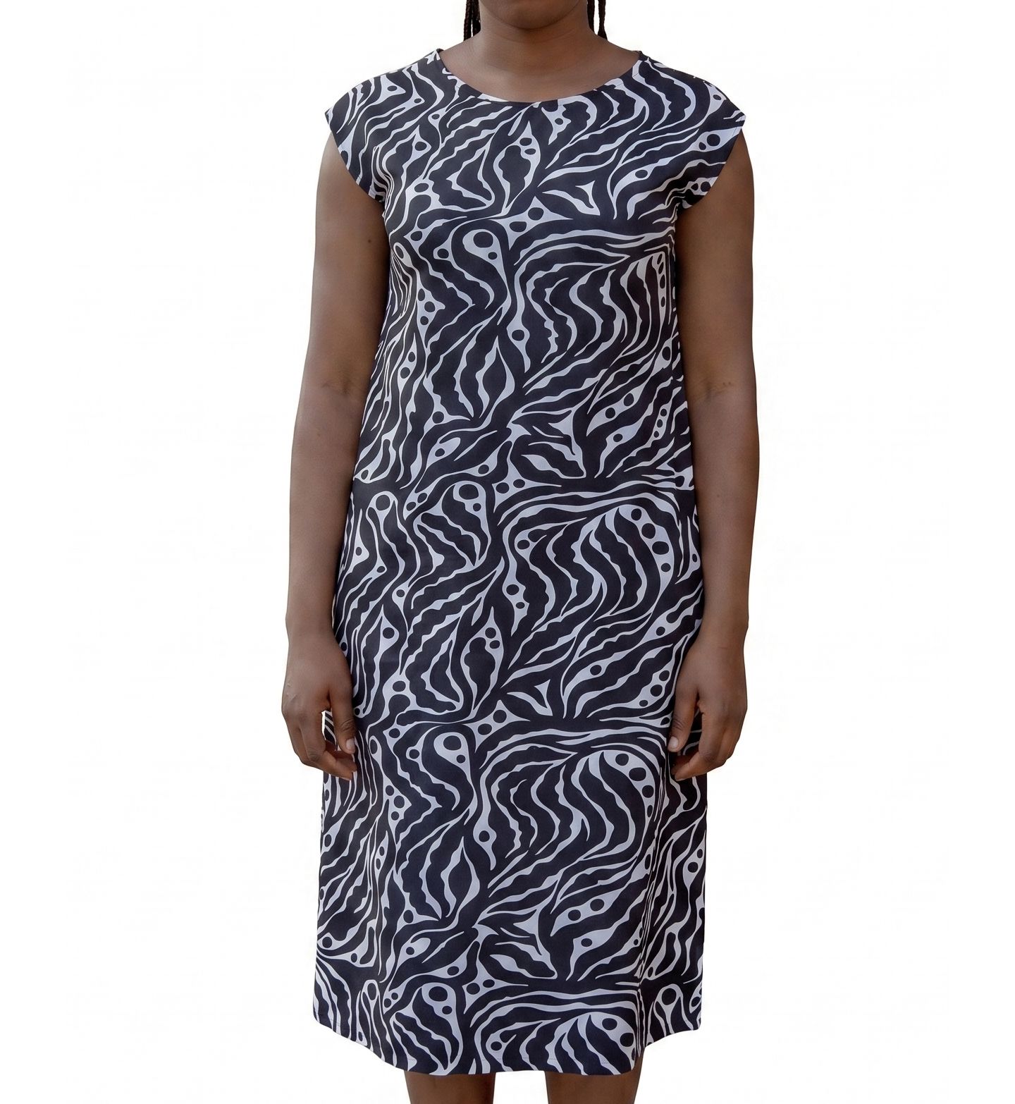 Женское платье Universal Standard Plus Size Divine Jersey V-Neck A-Line Midi, цвет: Чёрный с принтом — фото 1
