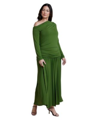 Plus Size Long-Sleeve Drop-Waist One-Shoulder Maxi Dress