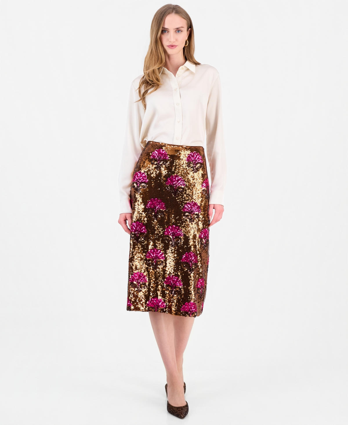Elie Tahari Women's Emersyn High-Waisted Sequin Pencil Midi Skirt - Bronze/pin