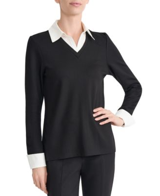 Women's Mixed Media Twofer Long-Sleeve Collared V-Neck Blouse