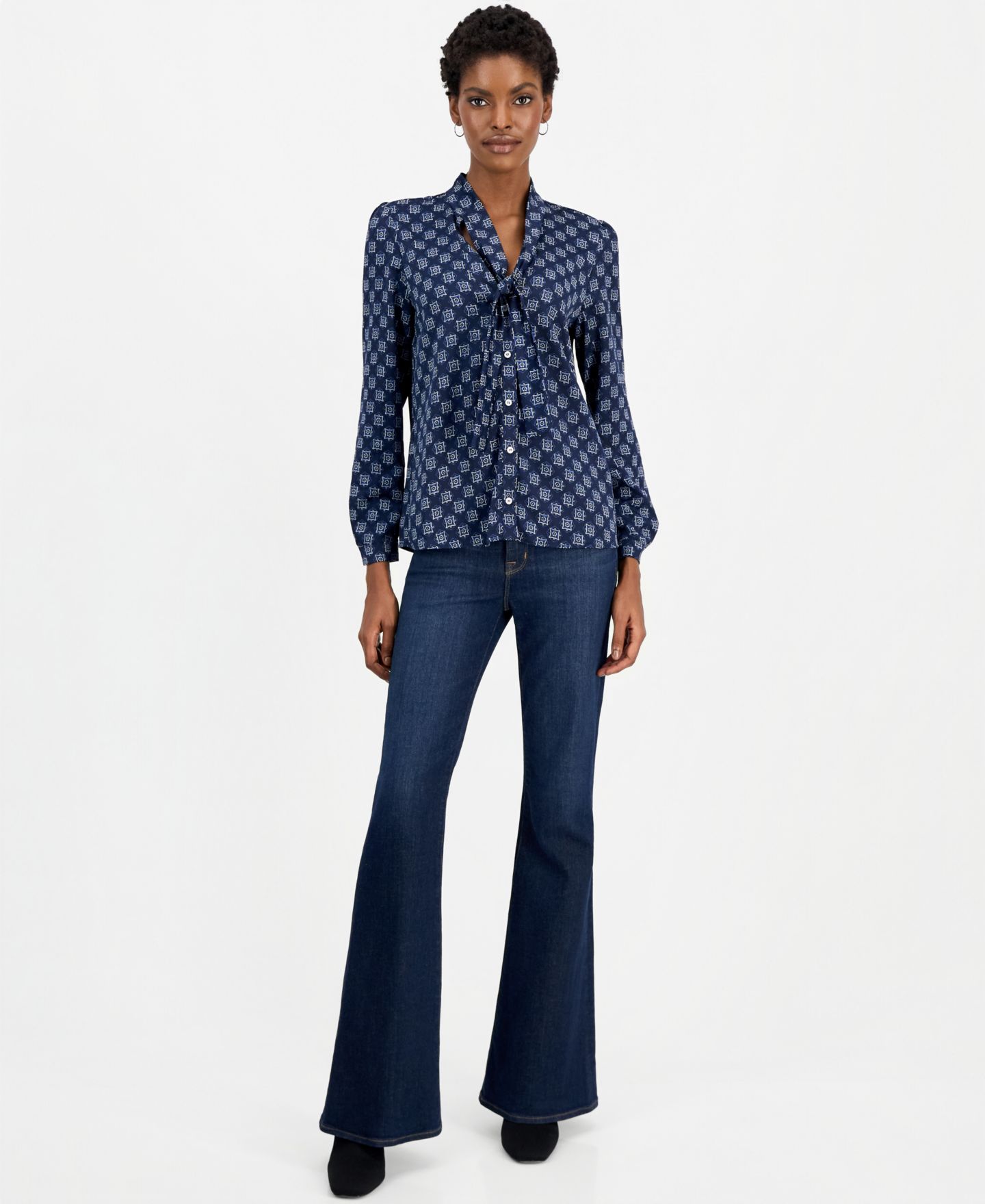 Женская блузка Emme Marella Emmalbore Long-Sleeve V-Neck Geometric-Print, цвет: Тёмно-синий — фото 3