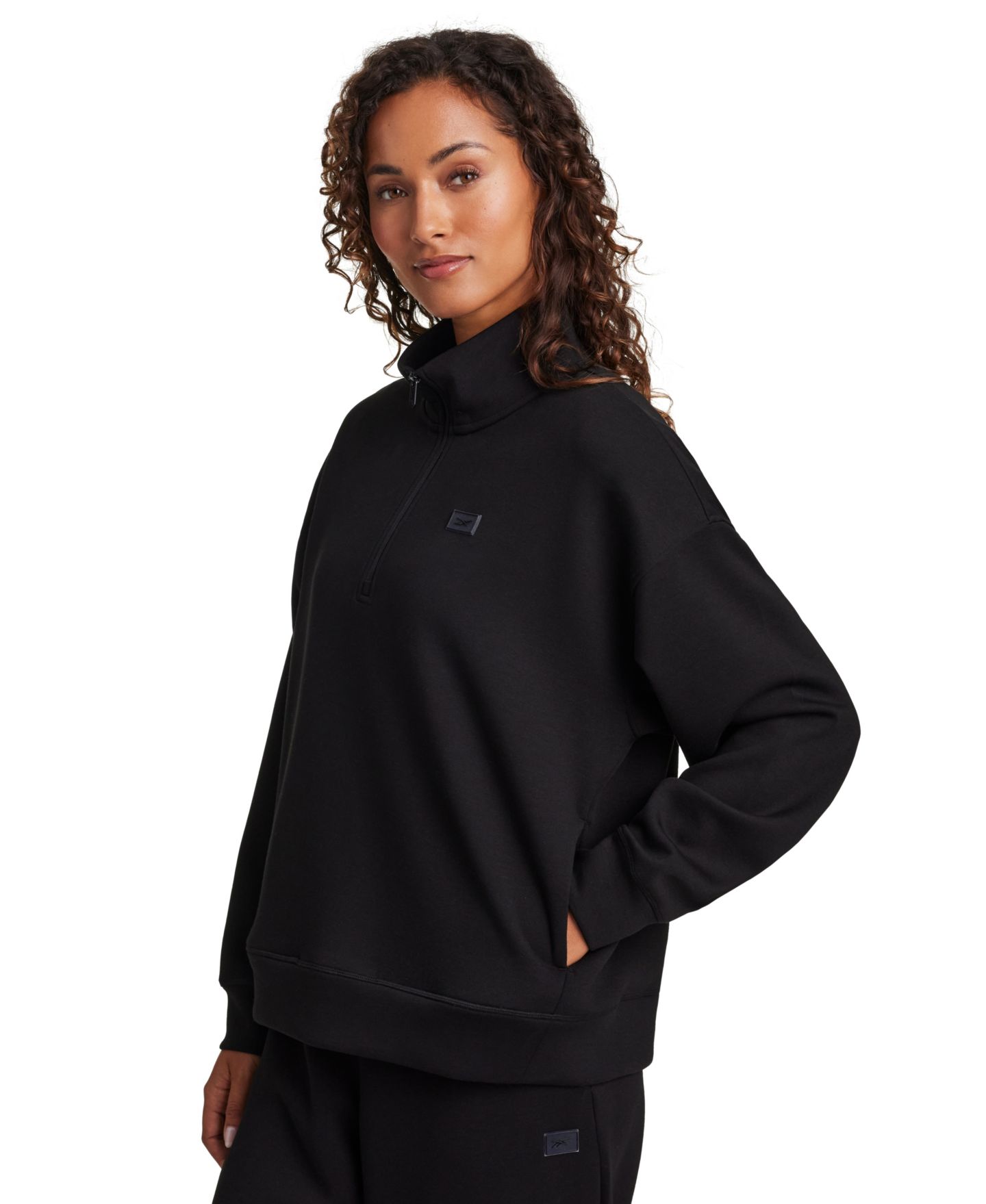 Женский свитшот Reebok Double Knit Cropped Half Zip Long-Sleeve Sweatshirt, цвет: Чёрный — фото 3