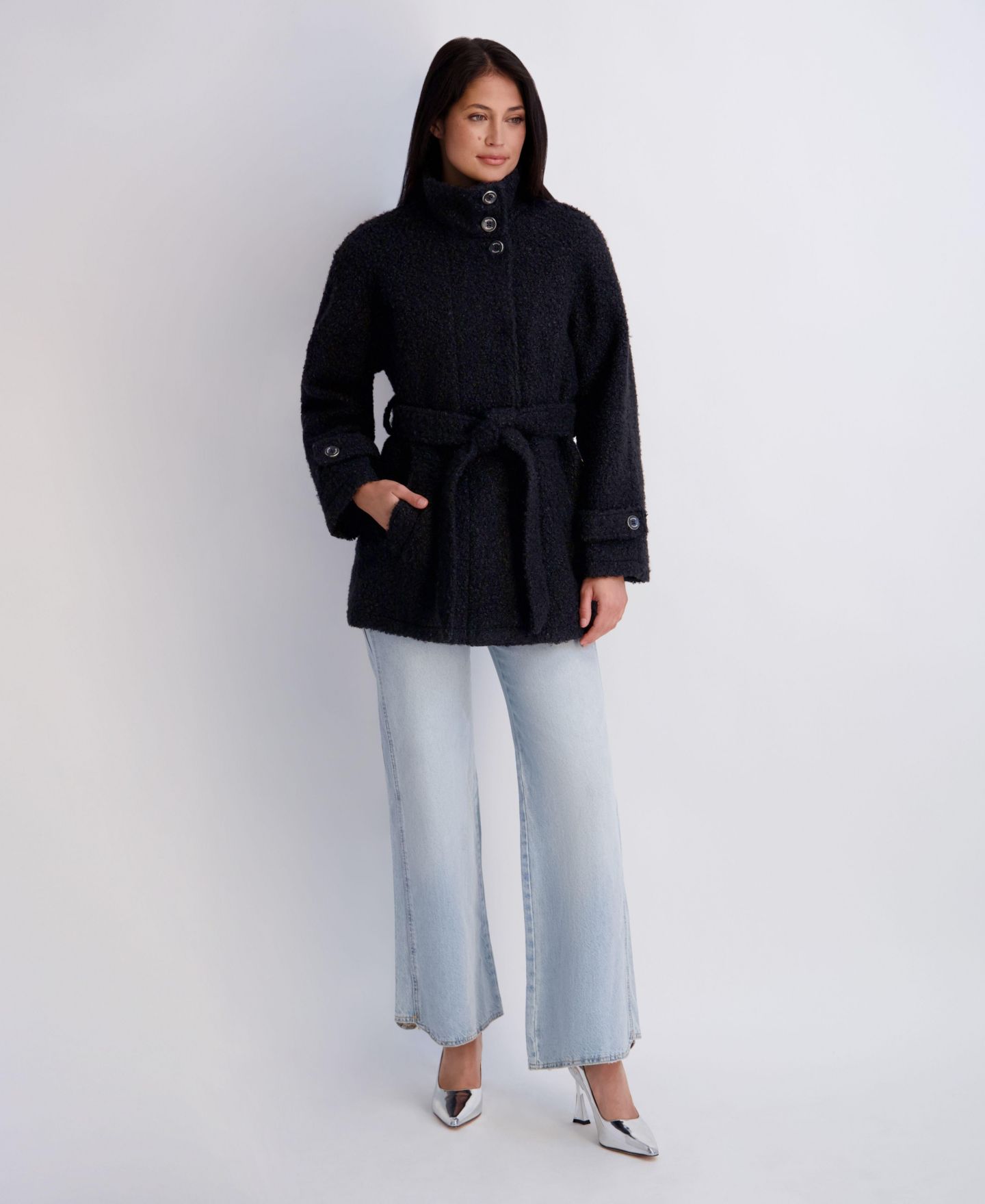 Женская куртка Kensie Belted Faux-Boucle, цвет: Чёрный — фото 2