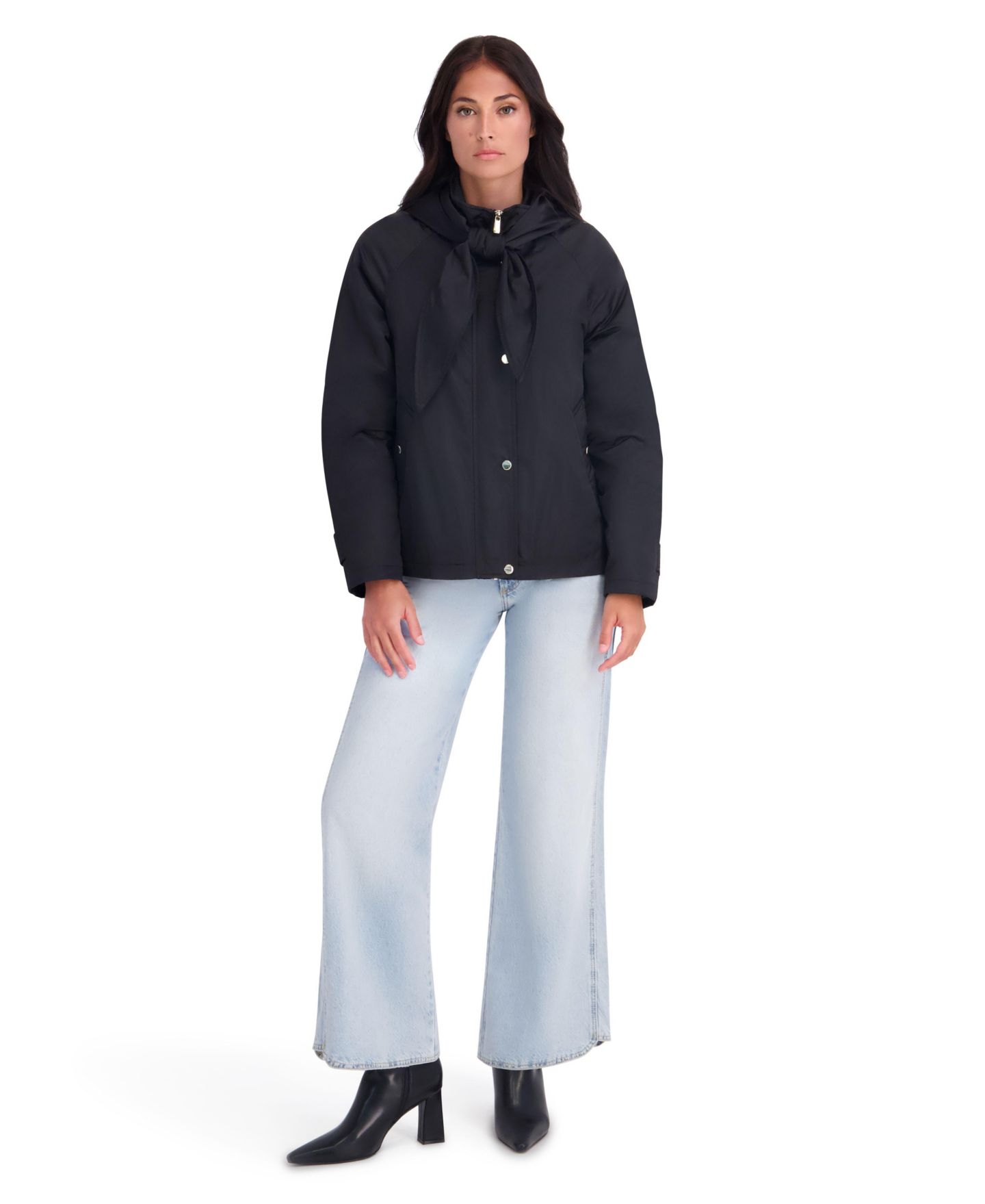 Женская куртка Kensie Satin Hooded With Attached Scarf, цвет: Чёрный — фото 1