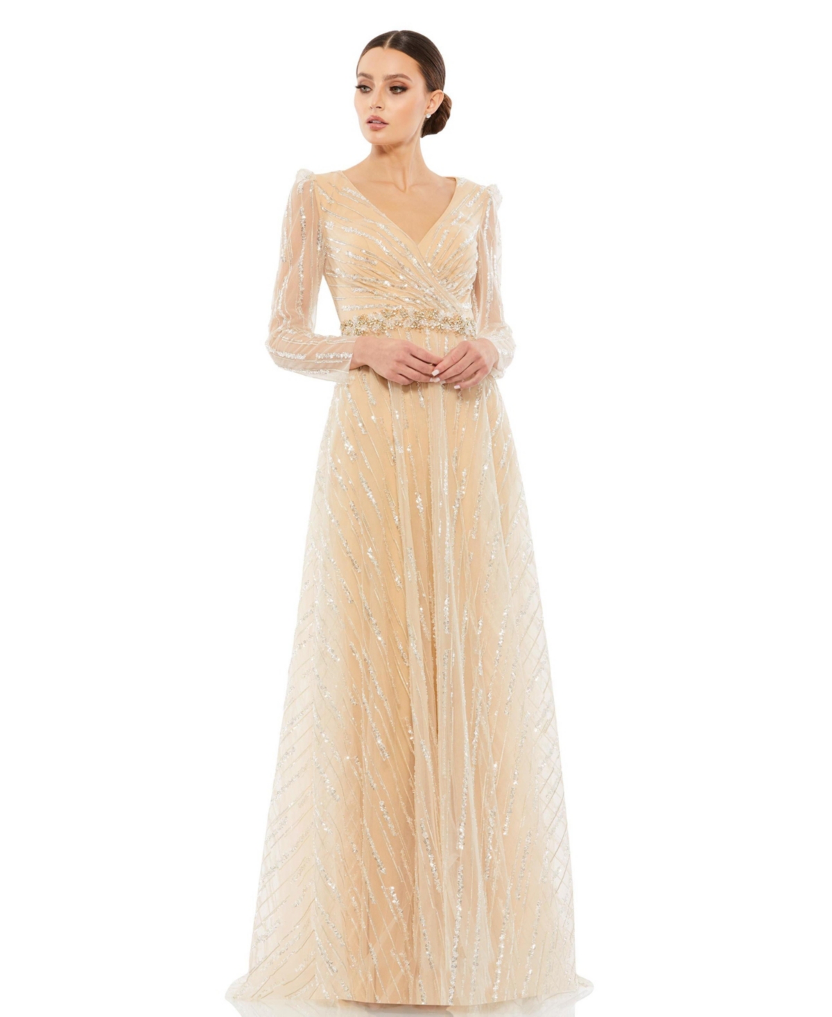 Mac Duggal Women's Ieena Shimmer Pleated V-Neck Open Back Gown