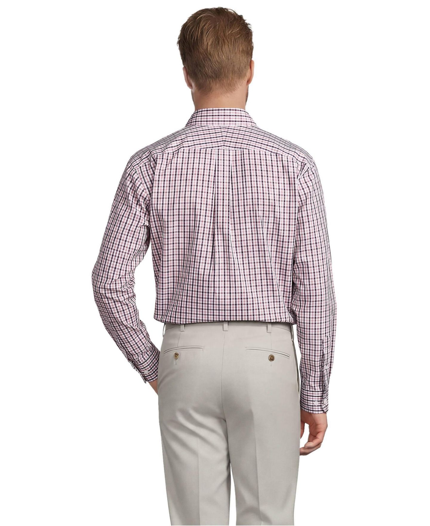 Мужская рубашка Lands' End No Iron Supima Cotton Pinpoint Buttondown Collar Dress Shirt, цвет: Бордовый / Розовато-лиловый разноцветный клетчатый — фото 2