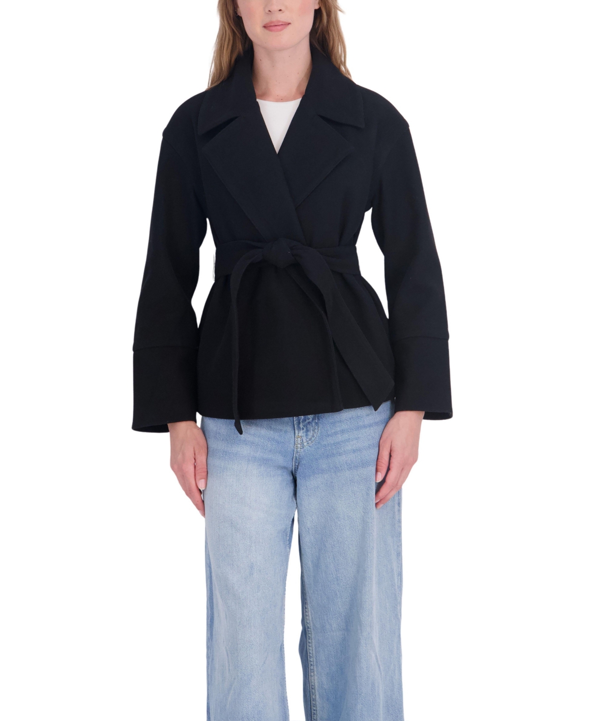 Sebby Collection Women's Short Faux Wool Snap Front Belted Coat - Black