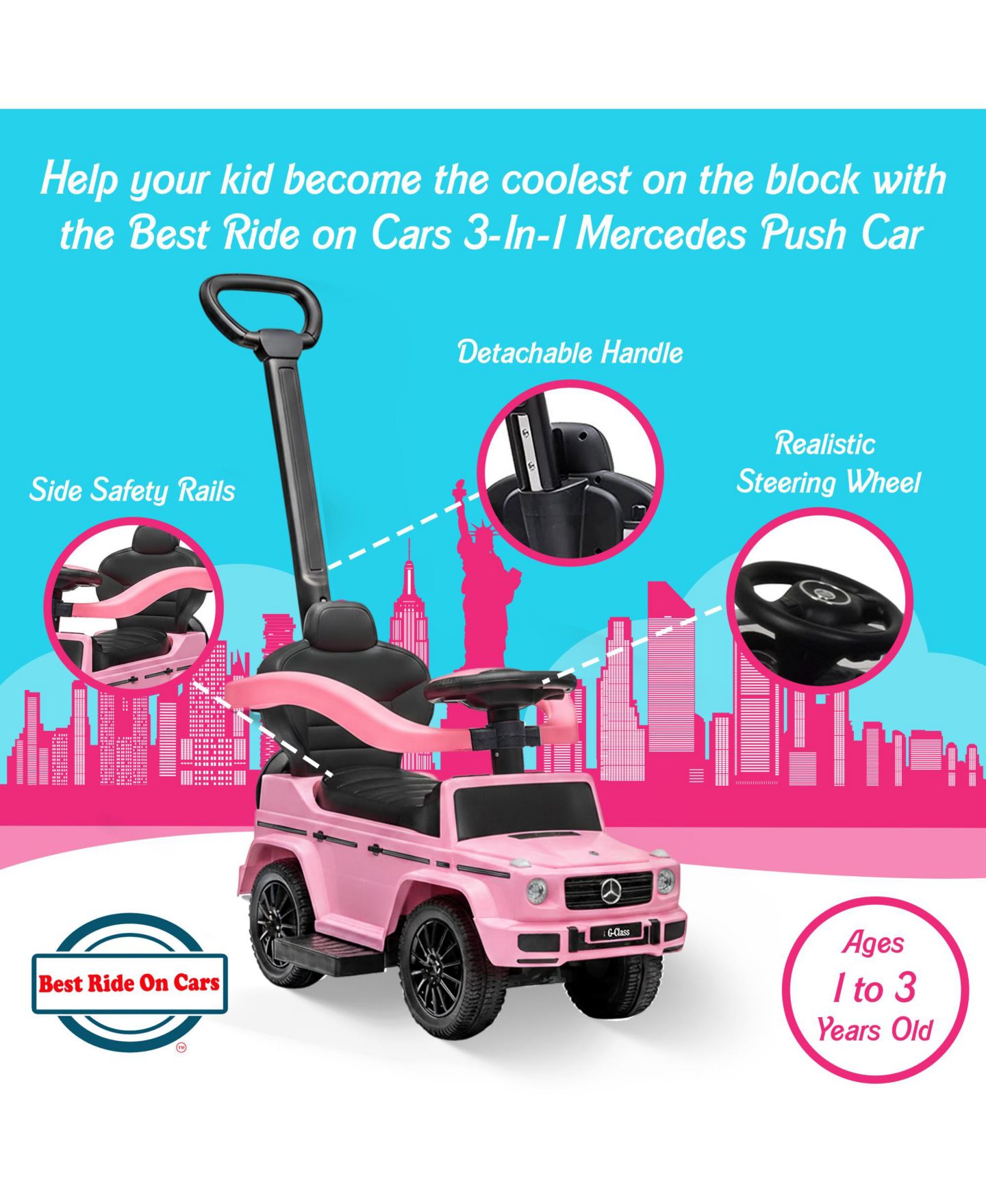 Детская игрушка Best Ride on Cars Kids Outdoor Stroller Mercedes G-Wagon 3 in 1 Push Car, Baby Pink — фото 2
