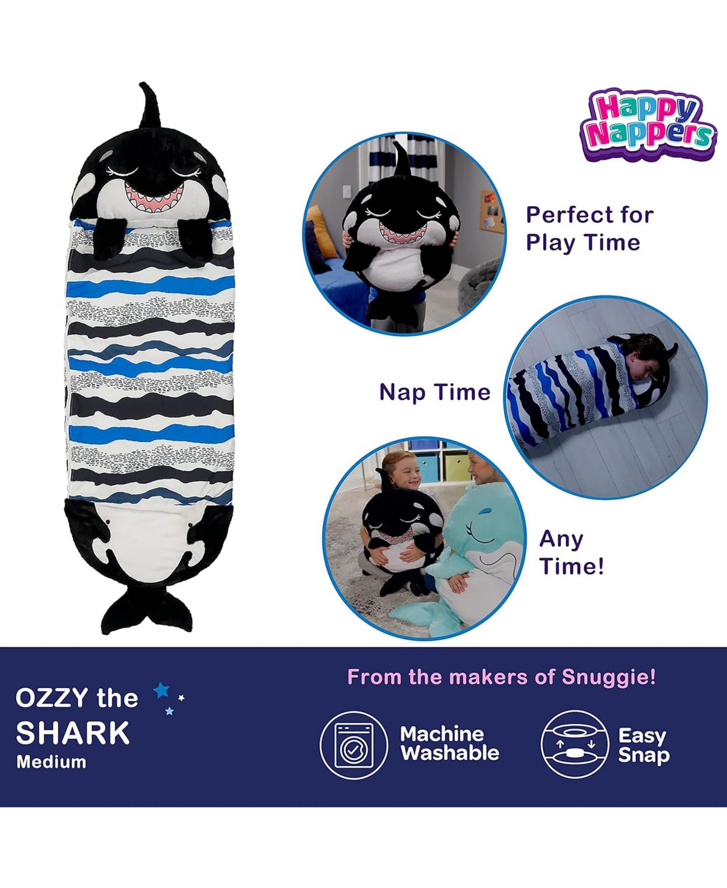 Детские мягкие игрушки Happy Nappers Ozzy The Shark Medium 2-in-1 Weighted-Arms Pillow and Sleeping Bag — фото 3