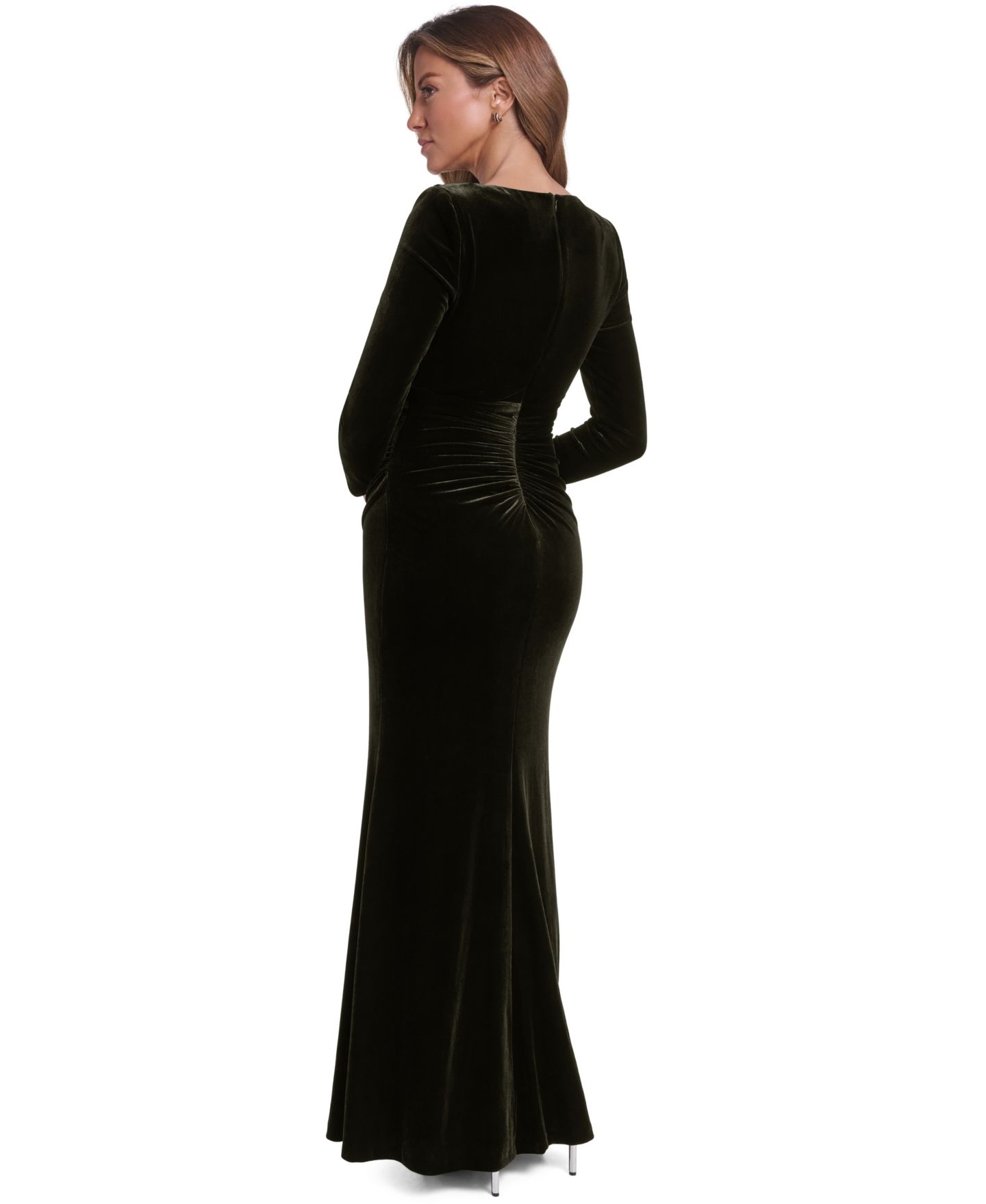 Женское платье Eliza J Long-Sleeve Asymmetrical Neckline Velvet Gown, цвет: Оливковый — фото 5