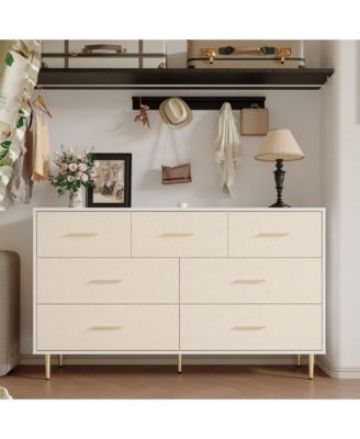 Modern 7 Drawer Dresser for Bedroom, Wooden Dresser with Linen-Textured Surface, Narrow Accent Cabinet End Table for Living Room, Hallway