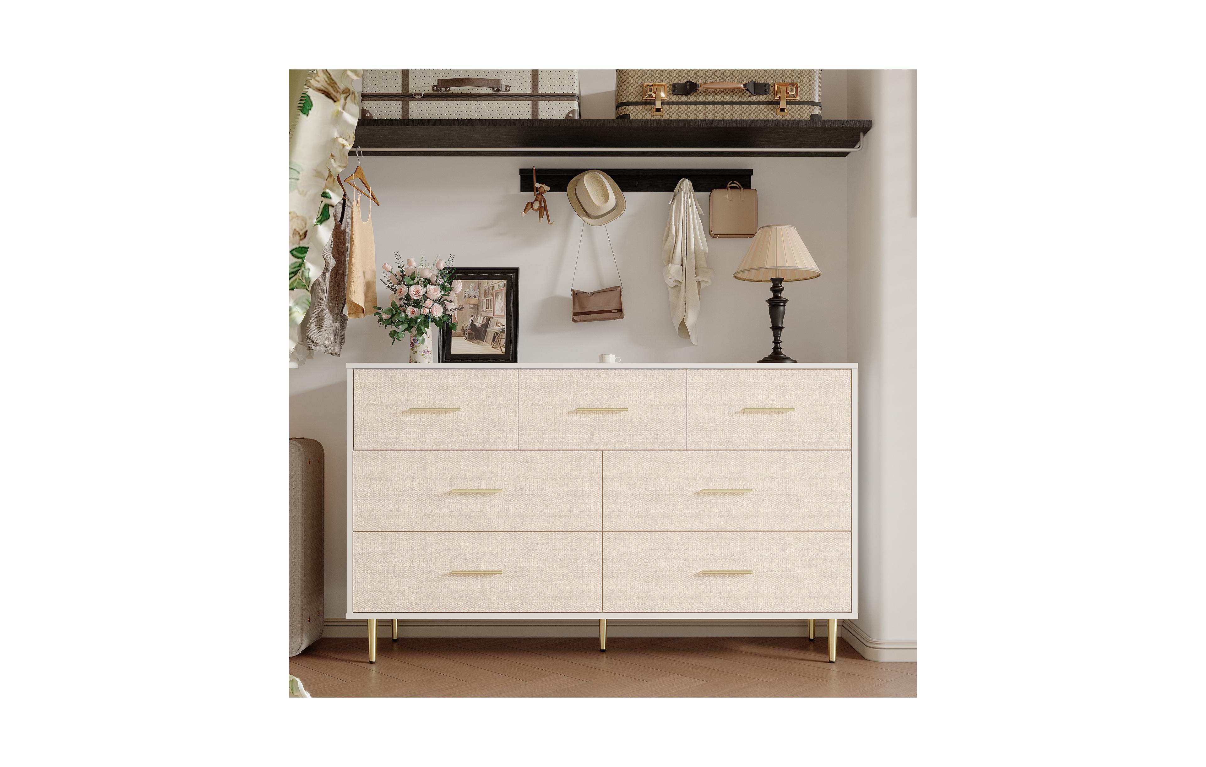 homfan Modern 7 Drawer Dresser for Bedroom, Wooden Dresser with Linen-Textured Surface, Narrow Accent Cabinet End Table for Living Room, Hallway