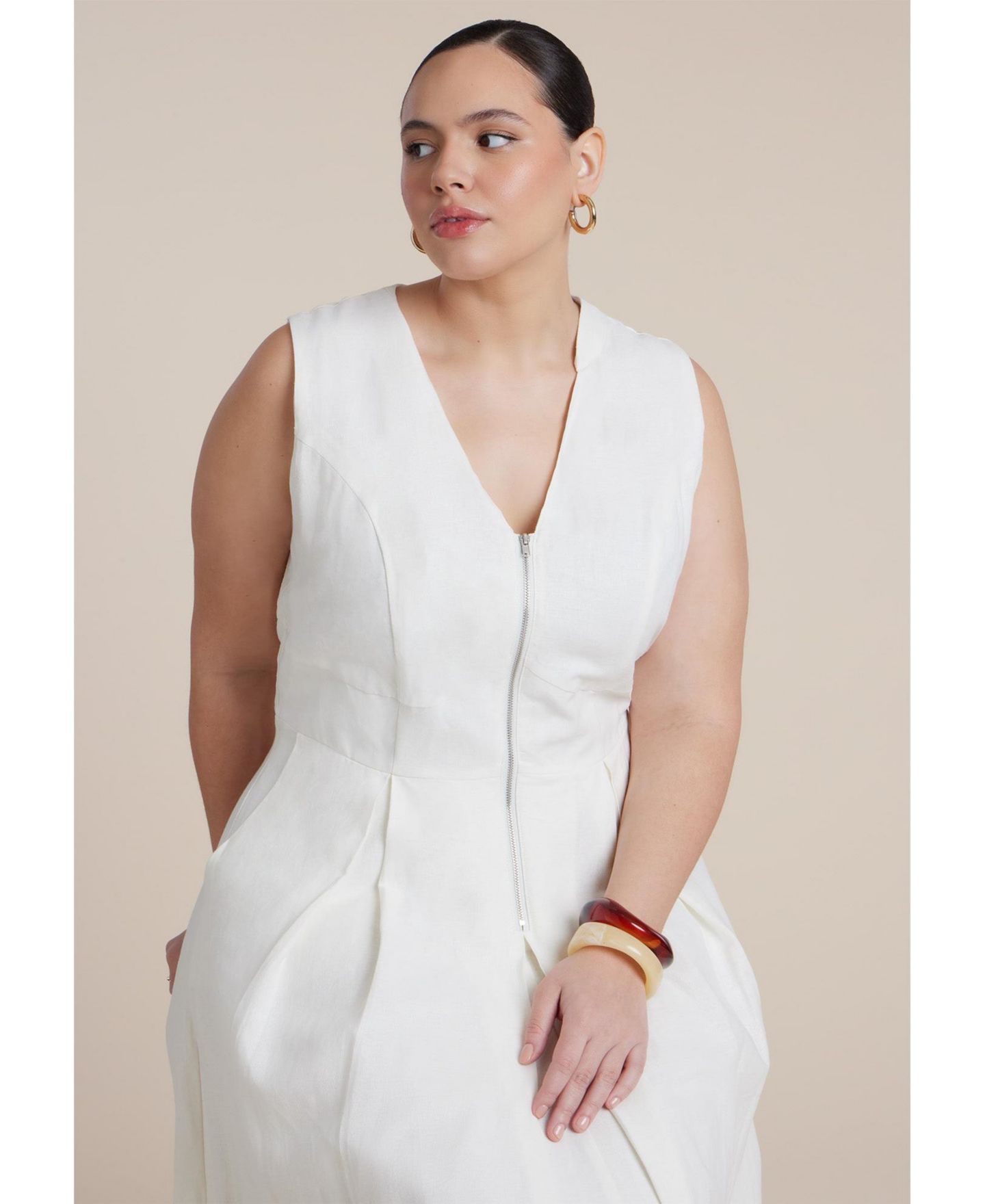 Женское платье ELOQUII Zipper Detail Linen Maxi, цвет: Кокосовое молоко — фото 4