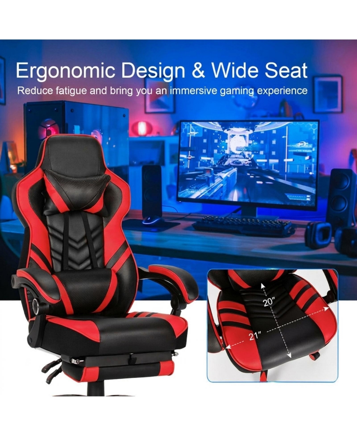 Gouun Adjustable Gaming Chair with Retractable Footrest and Lumbar Pillow