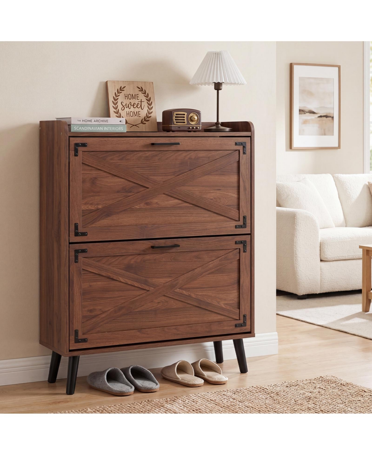 Gymax Narrow Shoe Cabinet w/2 Flip Drawers Adjustable and Removable Shelves for Entryway