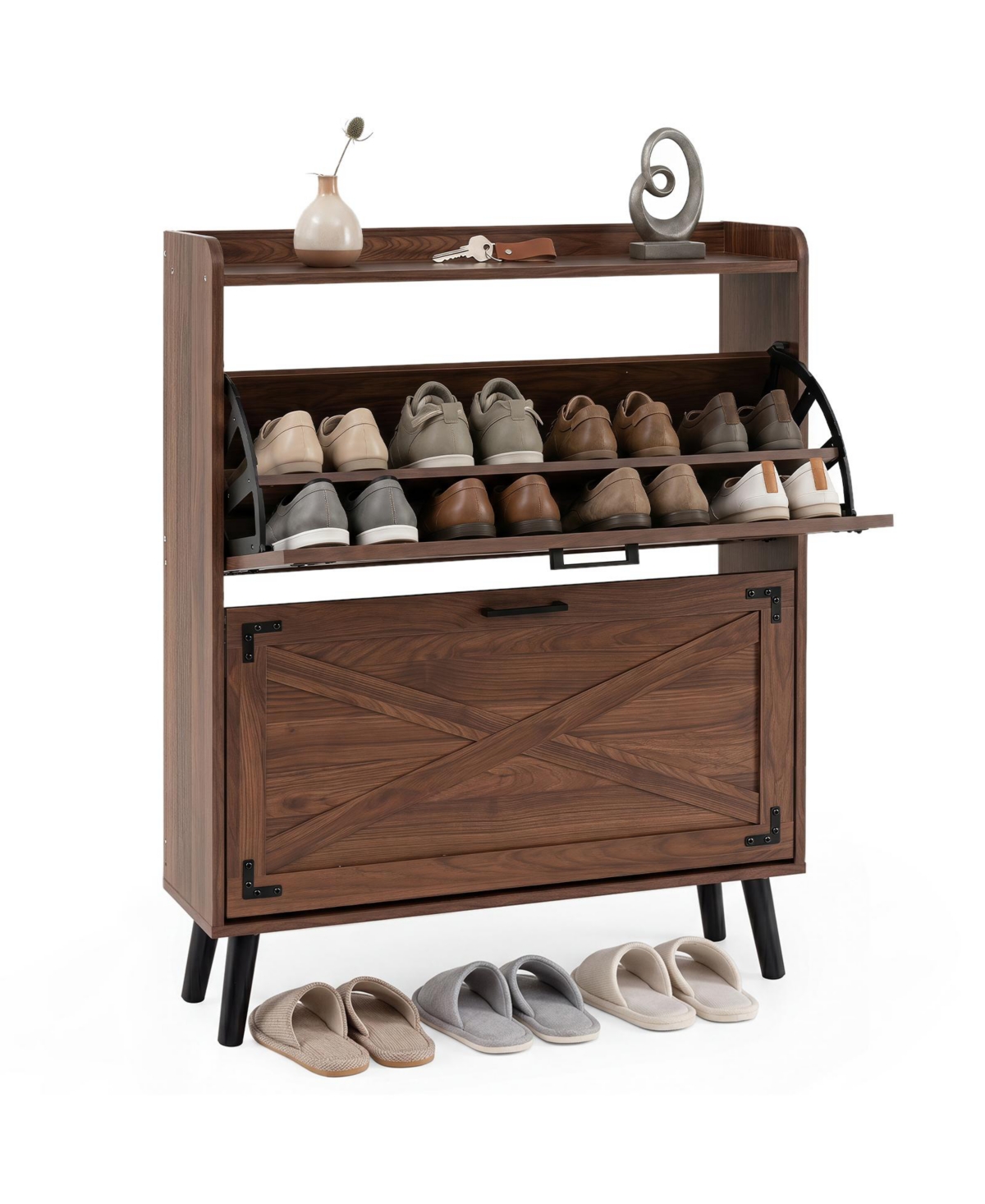 Gymax Narrow Shoe Cabinet w/2 Flip Drawers Adjustable and Removable Shelves for Entryway
