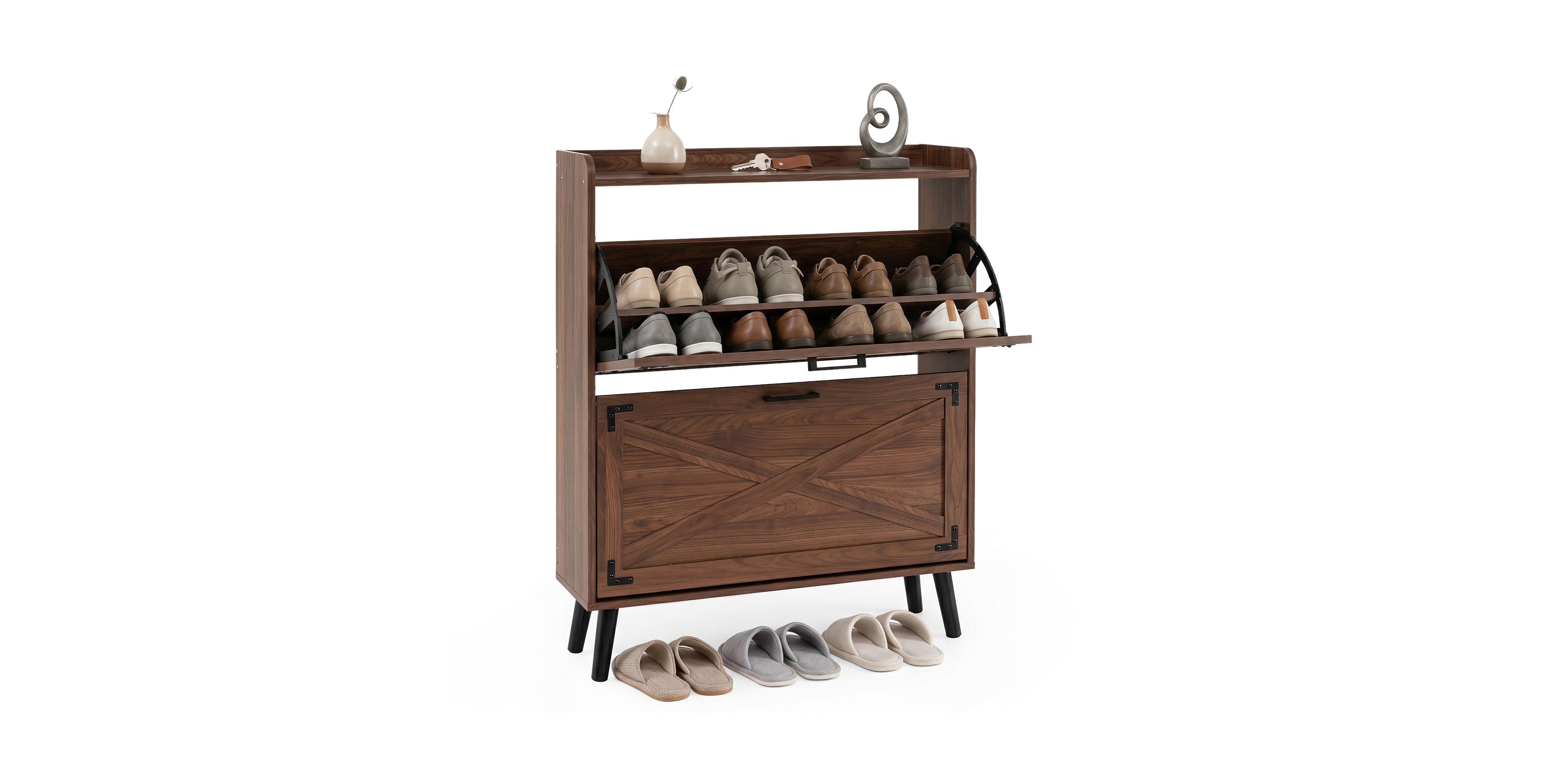 Gymax Narrow Shoe Cabinet w/2 Flip Drawers Adjustable and Removable Shelves for Entryway