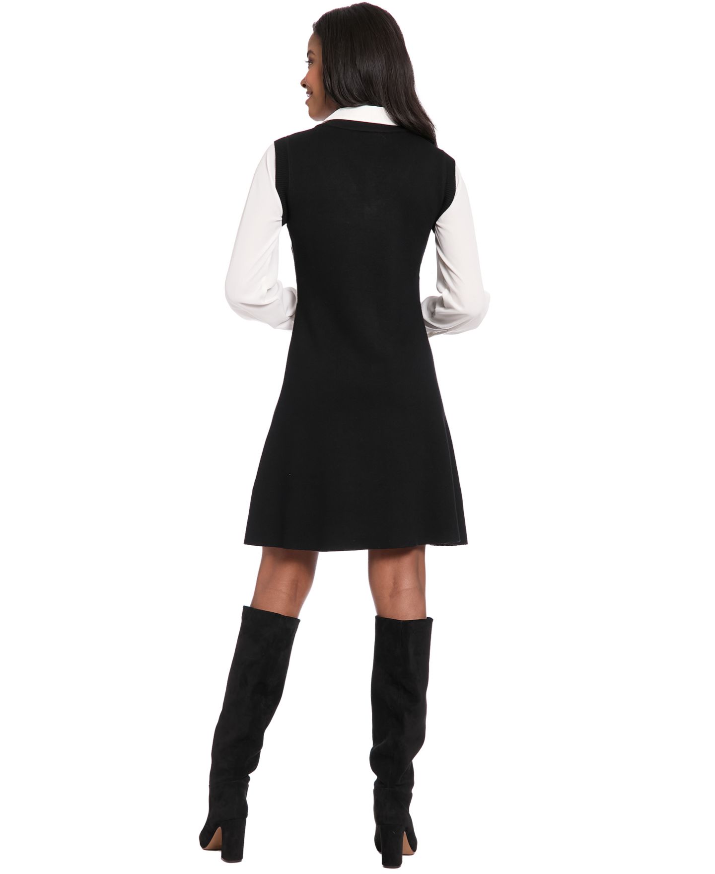 Женское платье London Times Petite Sweater Twofer Floral-Print A-Line Long-Sleeve Dress, цвет: Чёрный / Слоновая кость — фото 4