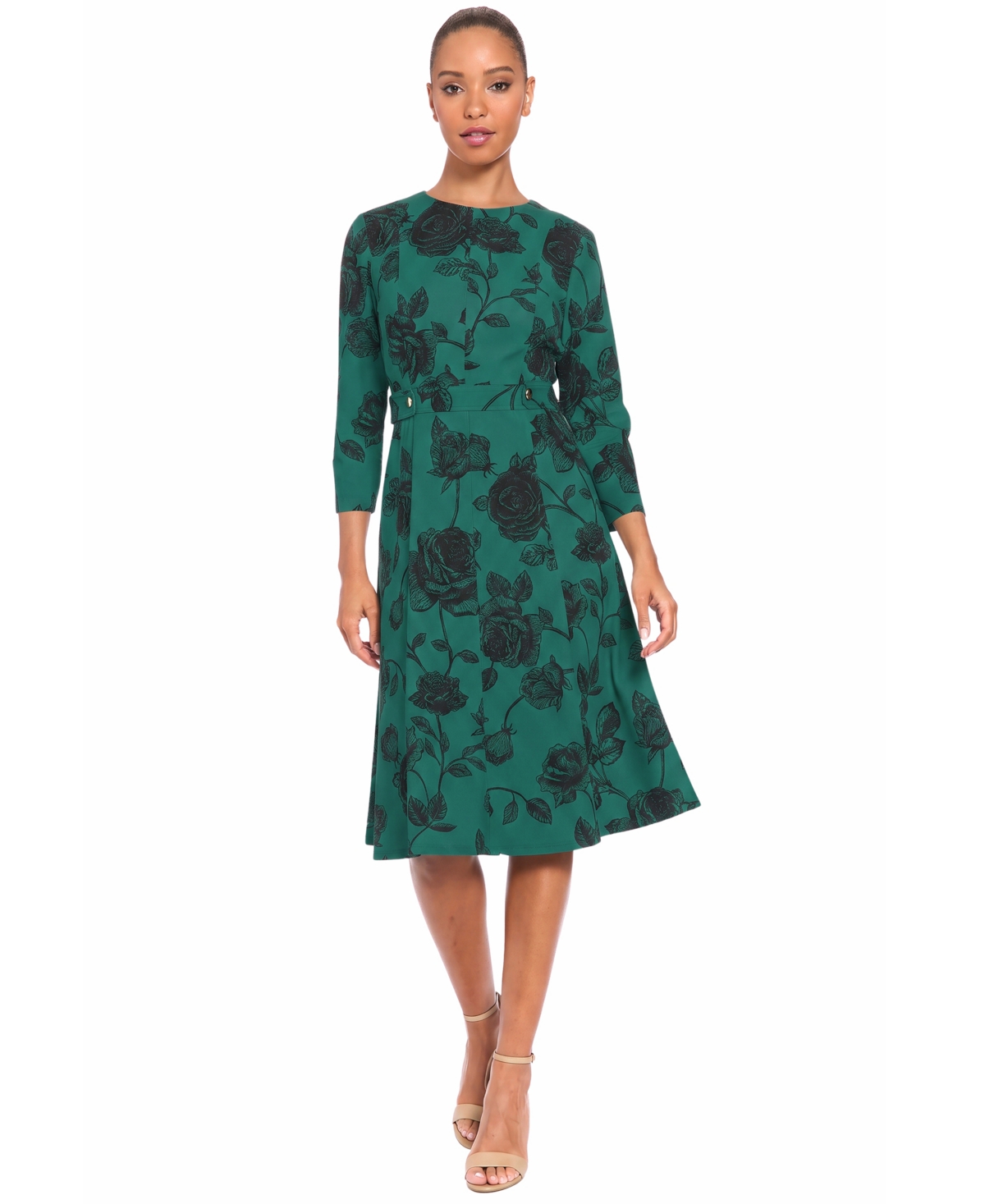 London Times Petite Printed Side Tab Floral A-Line 3/4-Sleeve Midi Dress