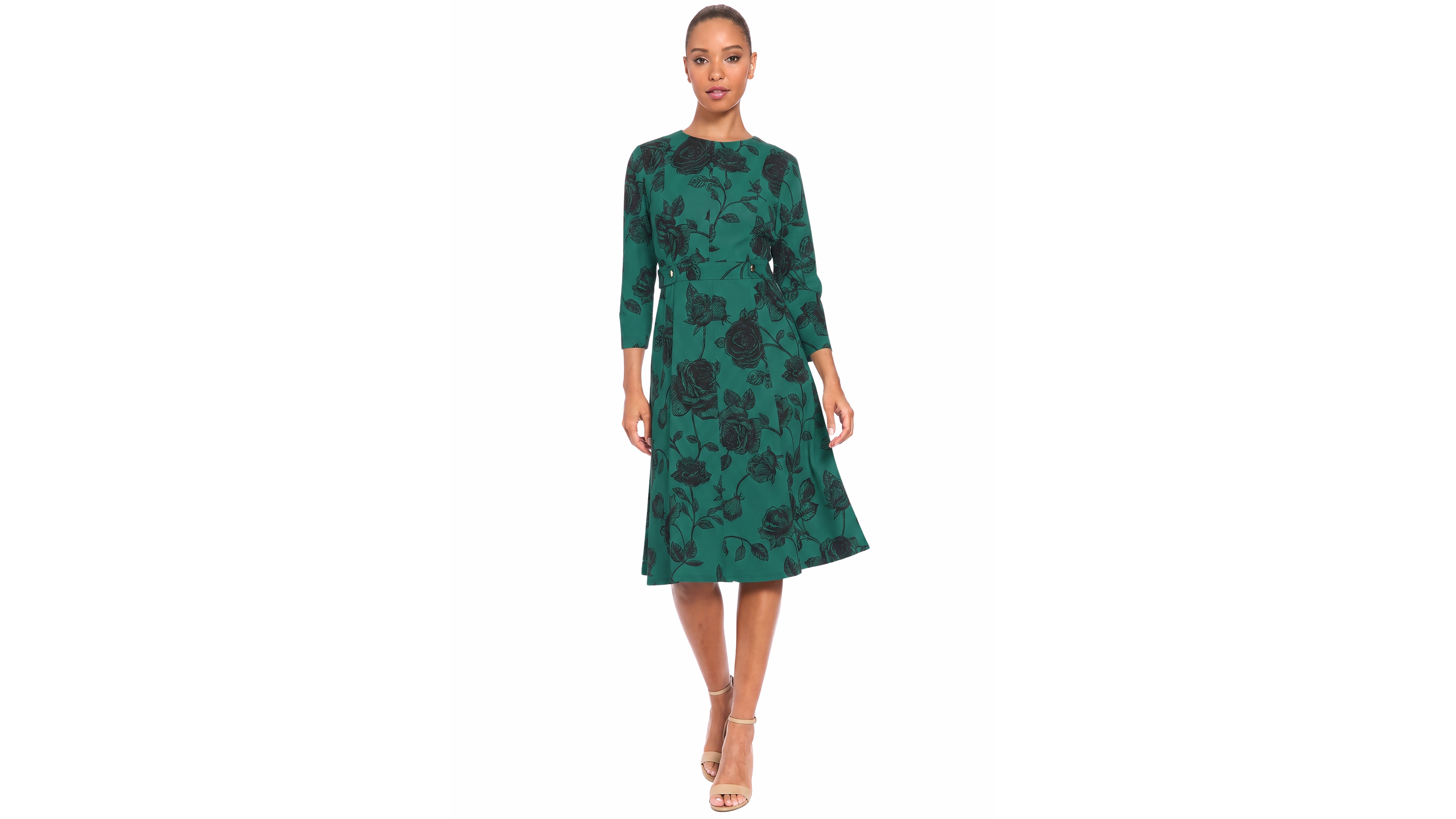 London Times Petite Printed Side Tab Floral A-Line 3/4-Sleeve Midi Dress