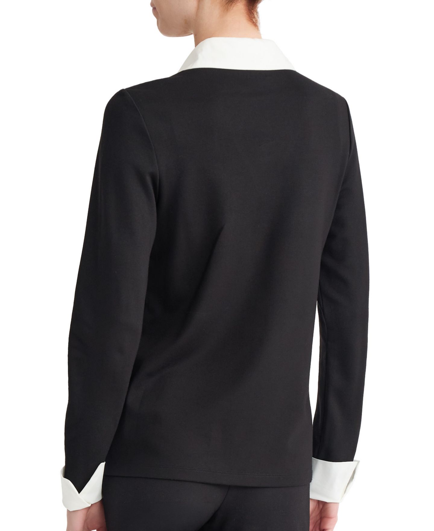 Женская блузка Jones New York Mixed Media Twofer Long-Sleeve Collared V-Neck Blouse, цвет: Чёрный — фото 3