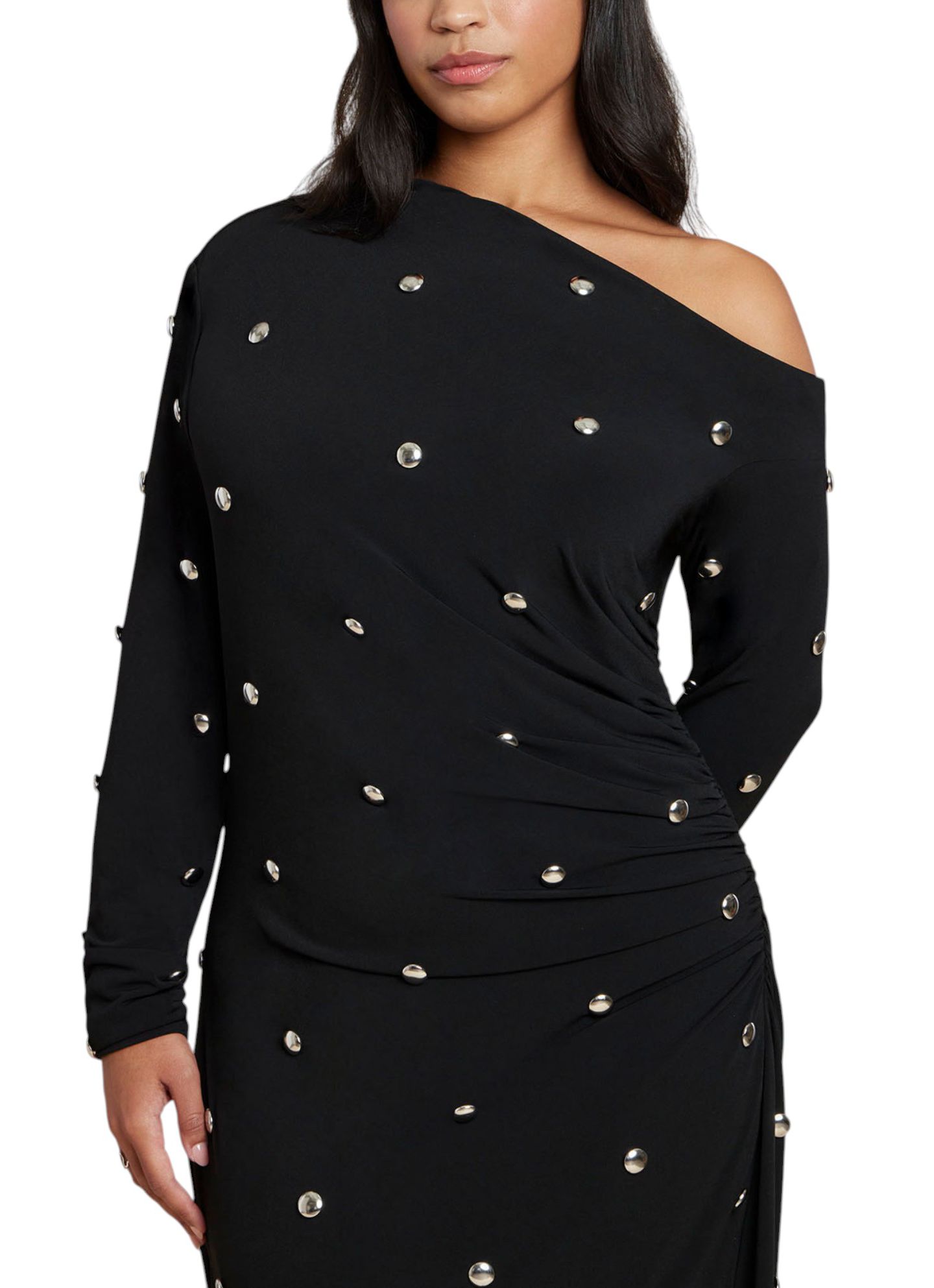 Женское платье ELOQUII Plus Size Draped Hardware One-Shoulder Long-Sleeve Maxi, цвет: Чёрный оникс — фото 4