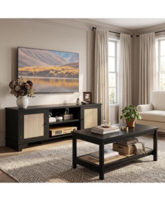 Living Room Table Set of 2, 62" Rattan TV Stand Fits 65" TV and 2-Tier Coffee Table
