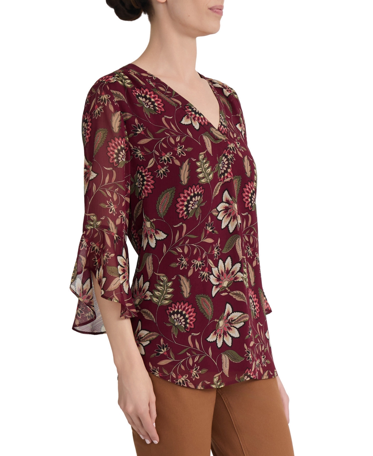 Jones New York Plus Kelly Floral-Print V-Neck Flutter-Sleeve Blouse