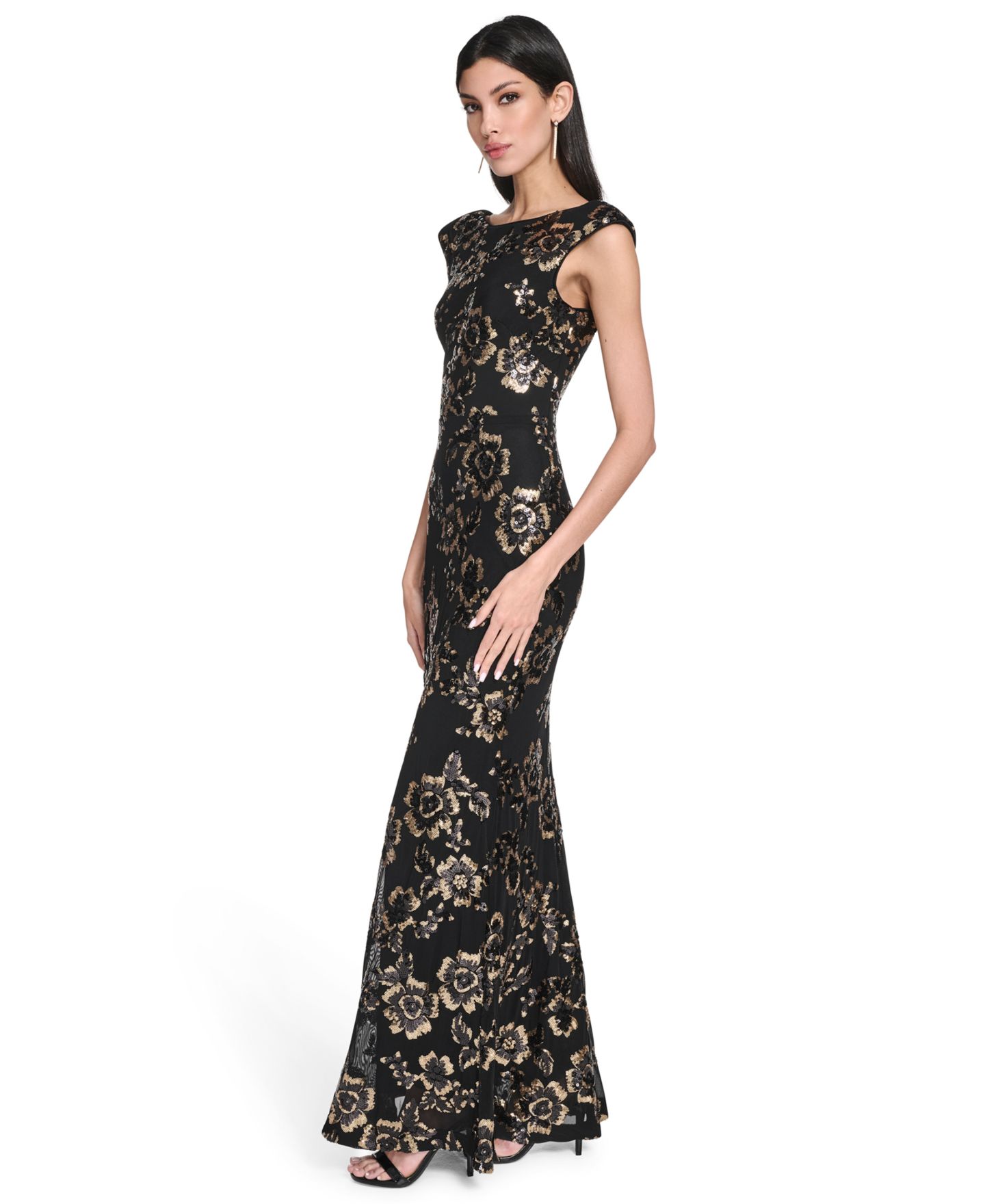 Женское платье Eliza J Floral-Print Sequined Boat Neck Gown, цвет: Серый — фото 2
