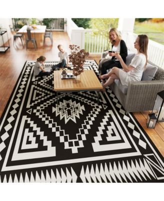 Reversible Outdoor Camping Rug, Square Patchwork, Foldable Polypropylene Mat, 215.7" x 107.9"