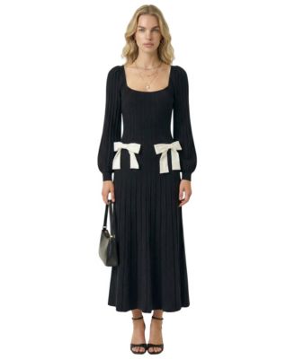 Women's Front Bow Detail Ribbed-Knit Midi Dress