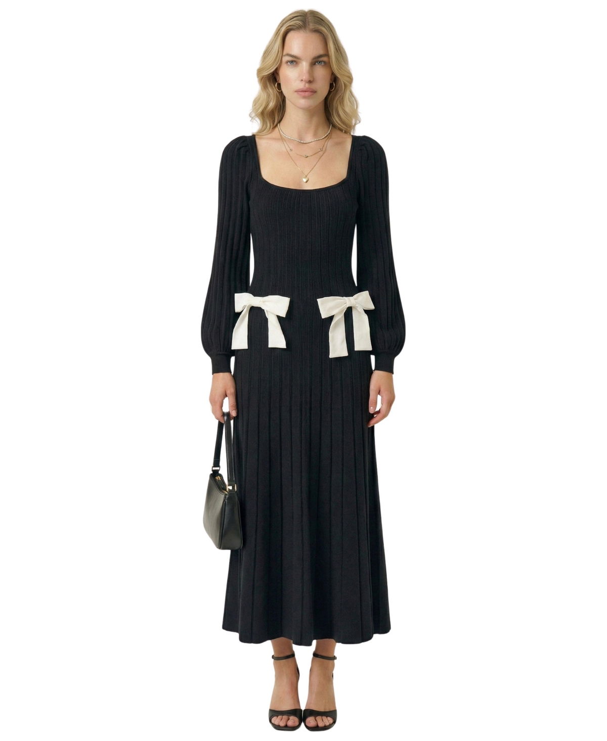 Modenaire Women's Front Bow Detail Ribbed-Knit Midi Dress