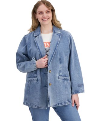 Plus Size Denim Long-Sleeve Blazer Jacket