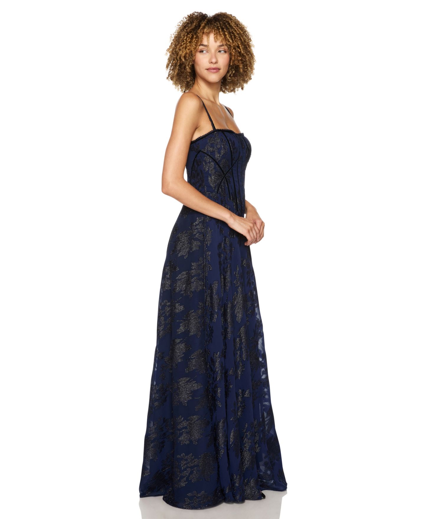 Женское платье Alex & Sophia Juniors' Floral-Print Chiffon Jacquard Corset Bodice Gown, цвет: Тёмно-синий — фото 2