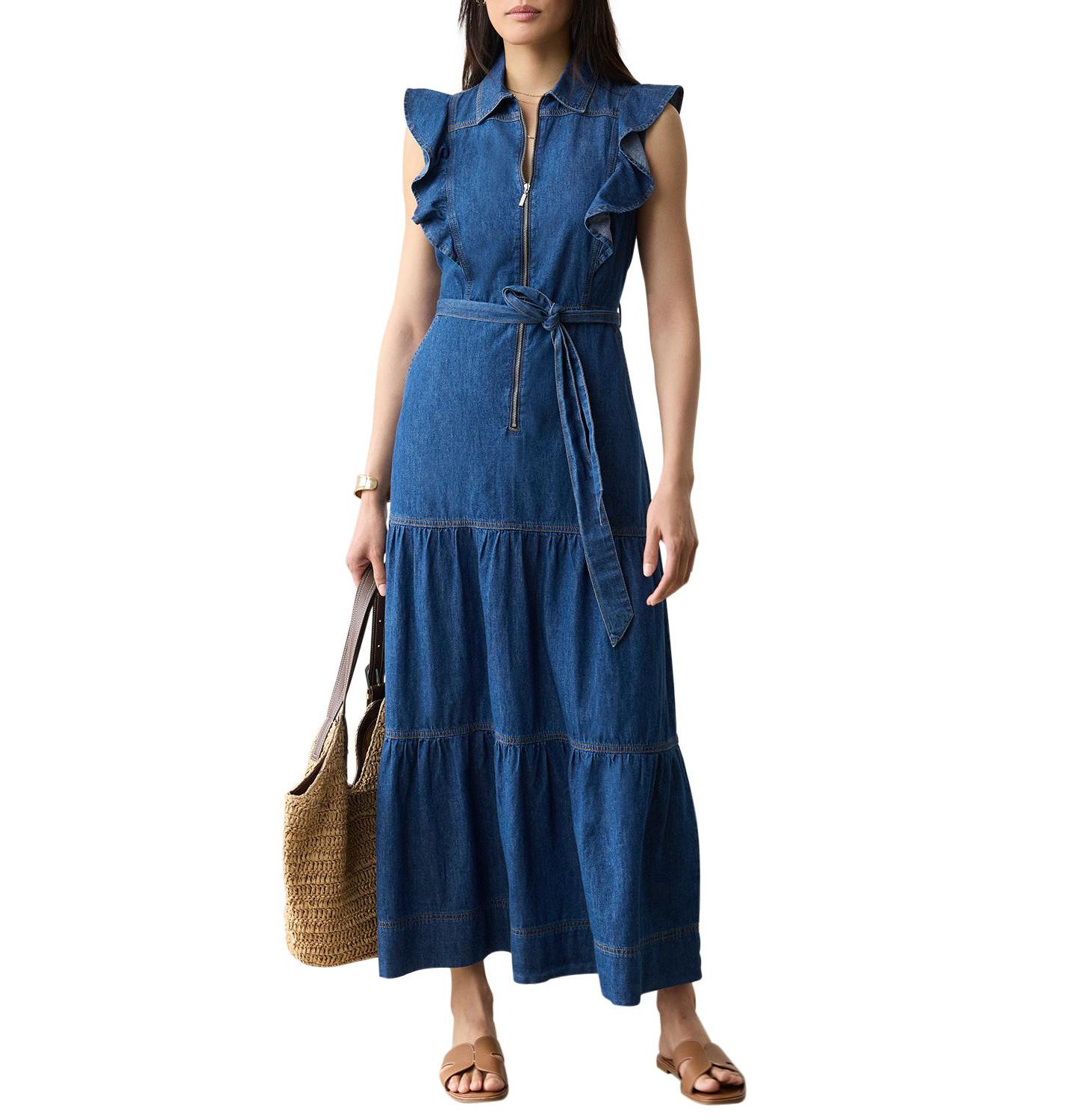 Женское платье Mint Velvet Denim Ruffle Maxi Shirt Dress, цвет: Синий — фото 1