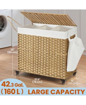 3-Section Rolling Laundry Basket with Lid and Wheels, 42.3 Gallons (160 L), 29.9 x 13 x 26 Inches