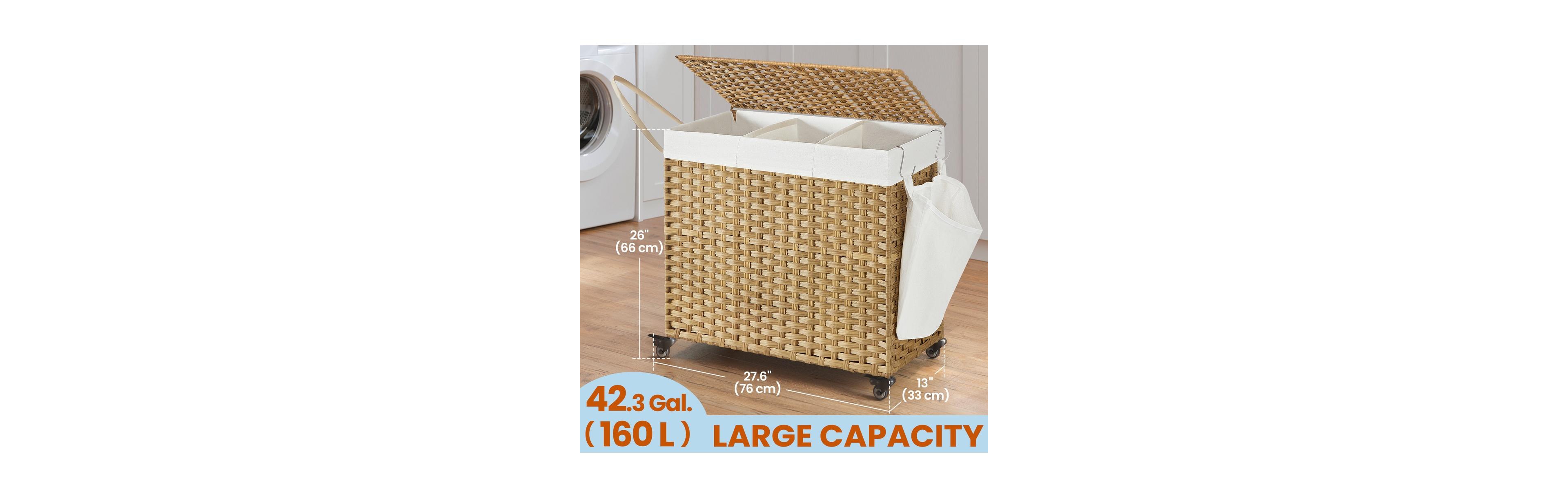 SongmicsHome 3-Section Rolling Laundry Basket with Lid and Wheels, 42.3 Gallons (160 L), 29.9 x 13 x 26 Inches