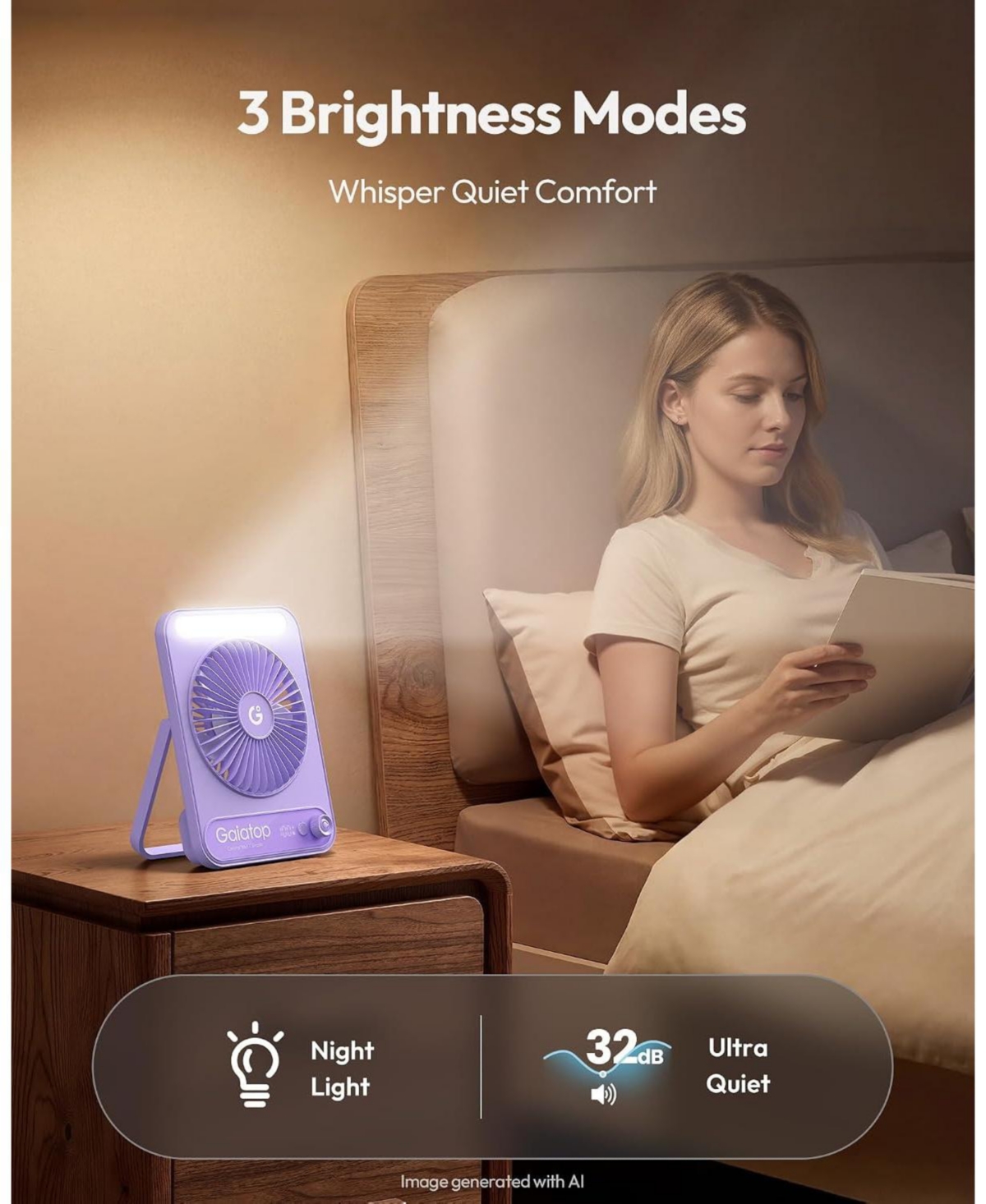 Gaiatop Small Desk Fan, 4000mAh Portable Fan for Travel with 3 Led Light, Max 18 Hrs Desk Fans Quiet for Bedside Desktop, Ultra-Slim Mini Fans.