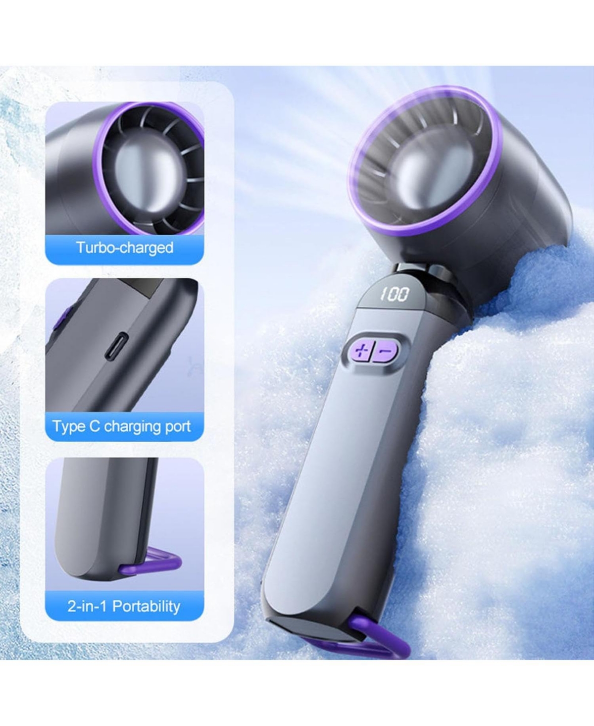 Gaiatop Handheld Turbo Fan, 100-Speed Portable Mini Fan with 12800 Rpm Strong Airflow, Usb-c Rechargeable Personal Fan for Travel, Camping.
