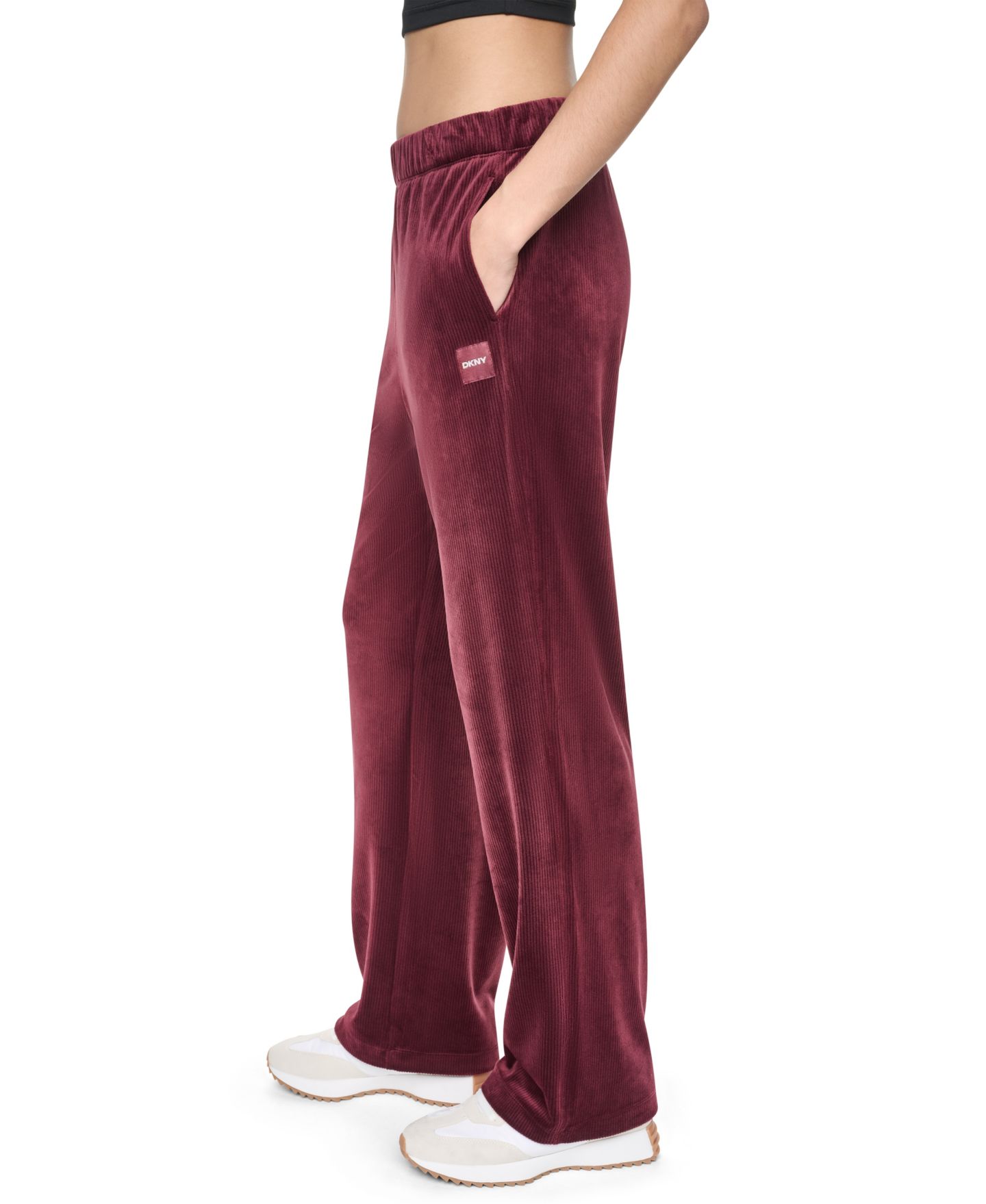 Женские брюки DKNY Sport High-Rise Ribbed Super-Soft Velour Straight Leg, цвет: Чёрный — фото 9