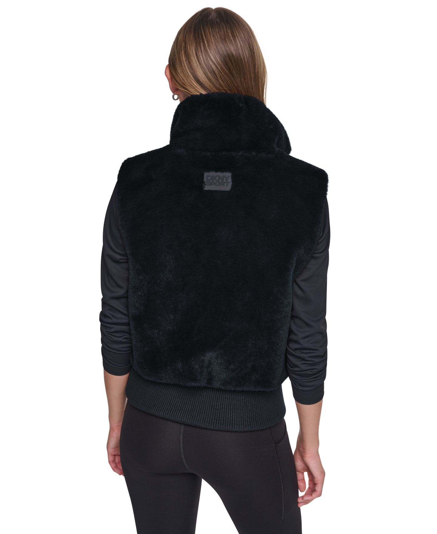 Женский жилет DKNY Sport Mock-Neck Ribbed-Knit Hem Faux Fur Vest, цвет: Чёрный — фото 5