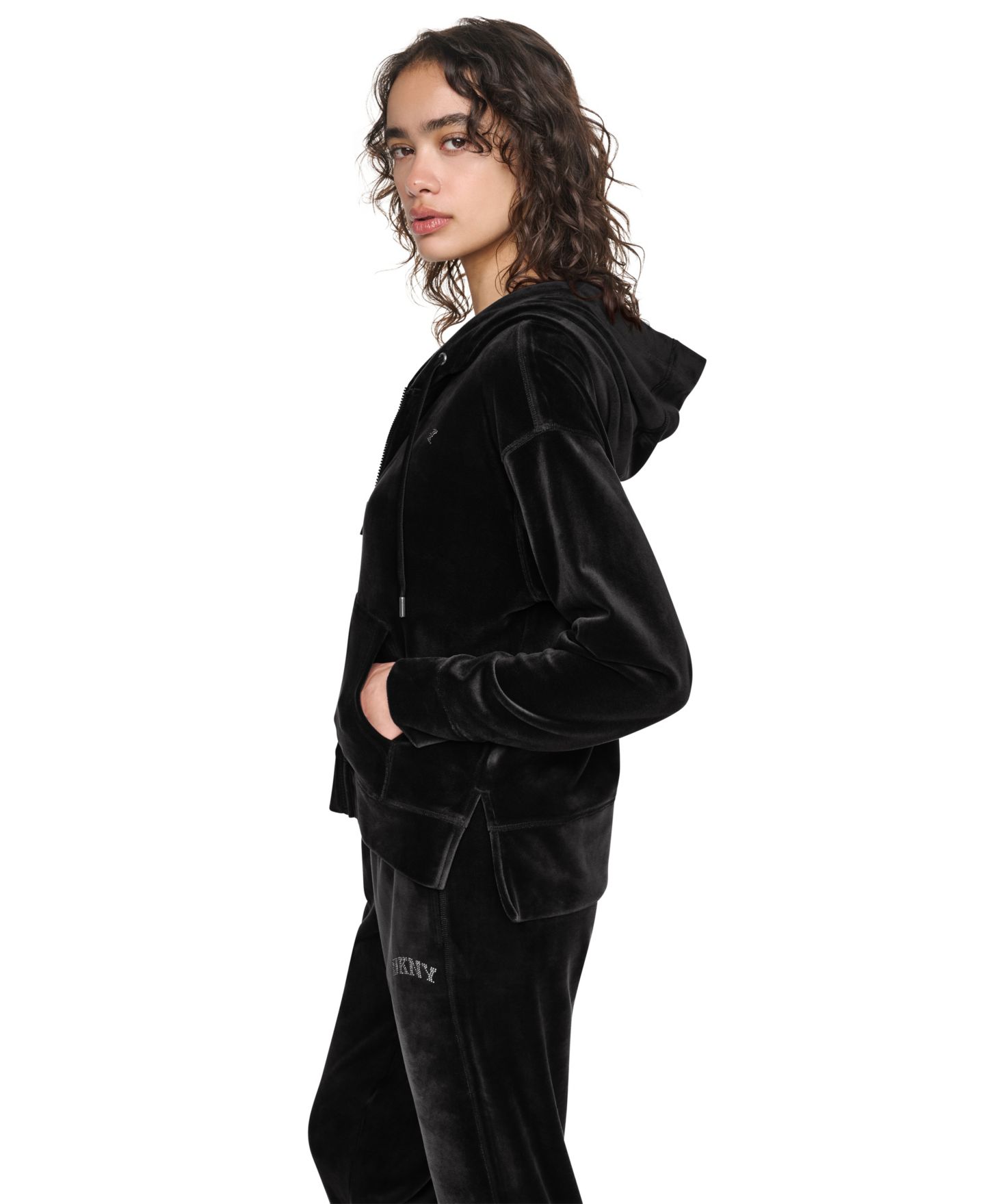 Женское худи DKNY Sport Super-Soft Velour High-Low Hem Zip, цвет: Чёрный — фото 3