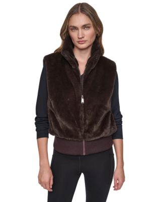 Women's Mock-Neck Ribbed-Knit Hem Faux Fur Vest