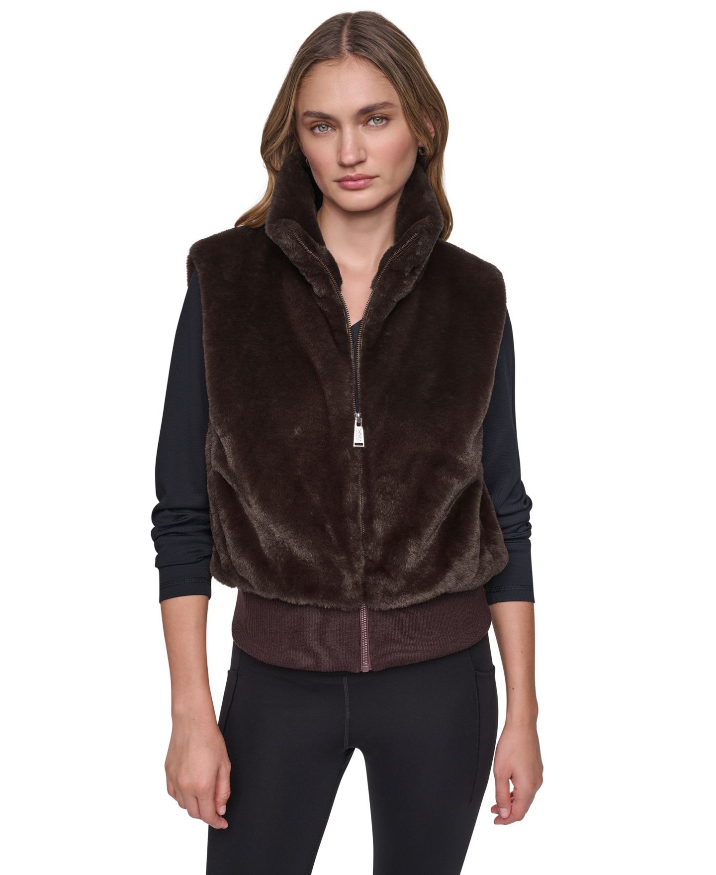 Женский жилет DKNY Sport Mock-Neck Ribbed-Knit Hem Faux Fur Vest, цвет: Чёрный — фото 17