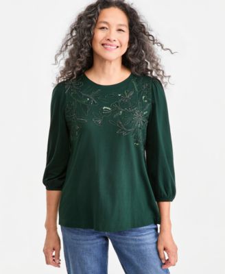 Women's 3/4-Sleeve Shine Embroidery Top