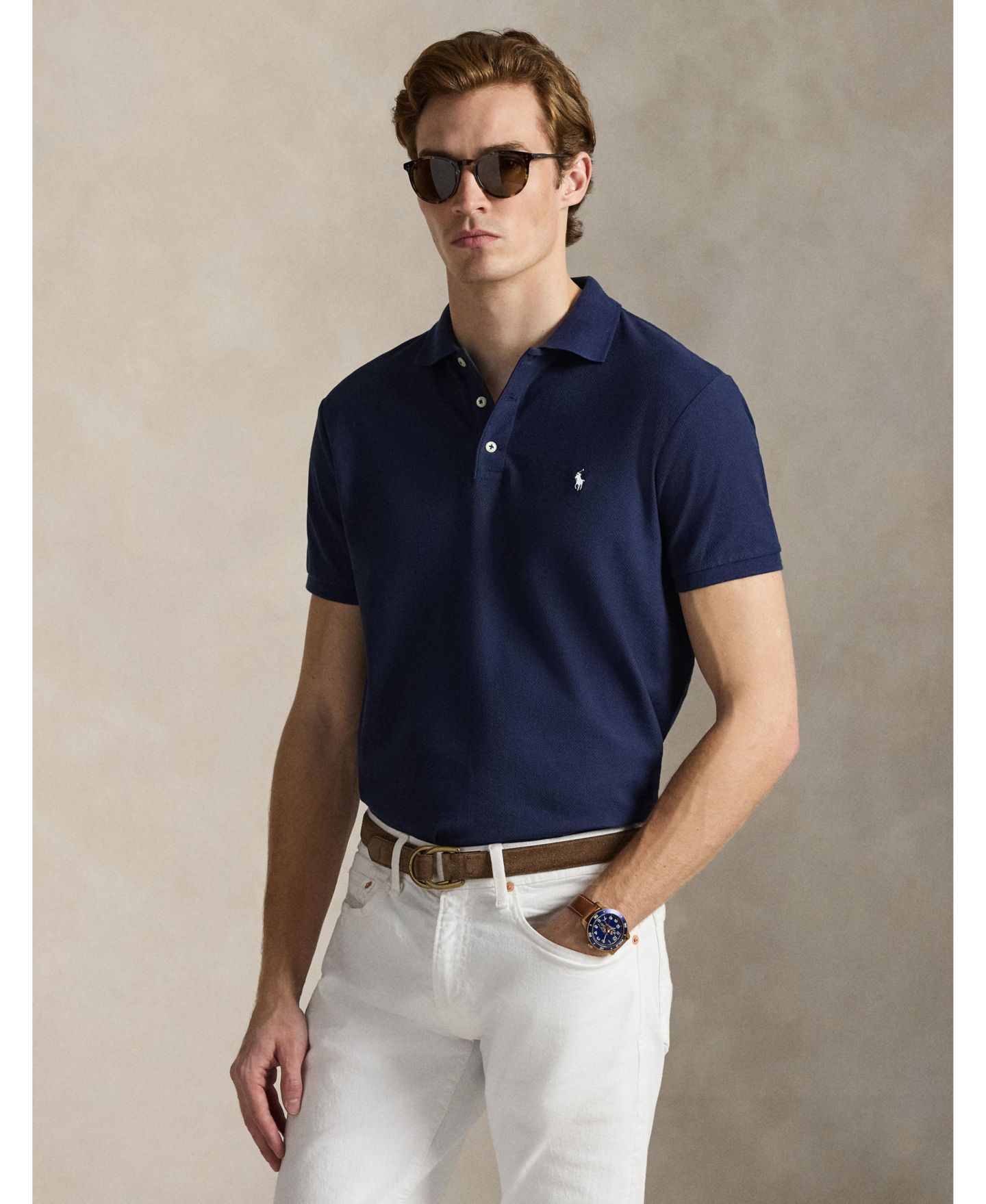 Мужское поло Polo Ralph Lauren Custom Slim-Fit Honeycomb-Mesh Polo Shirt, цвет: Тёмно-синий — фото 3